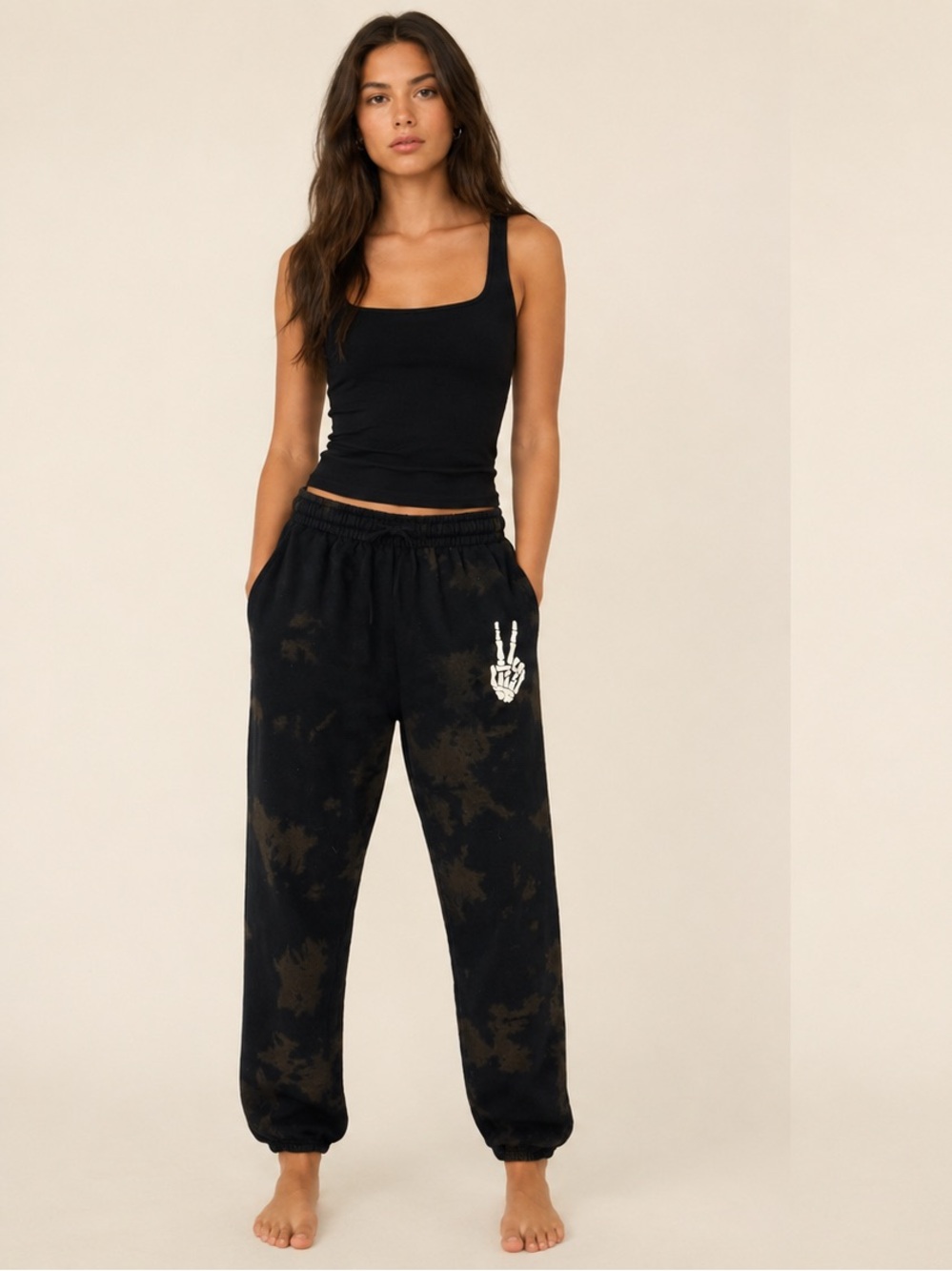 Tie-Dye Black & Brown Jogger Pant skeleton Peace Hand Graphic Bowery supply co M - Picture 2 of 10